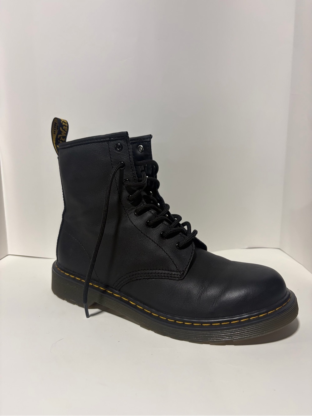 Dr. Martens Black Leather Combat Boot with Yellow Welt Stitching